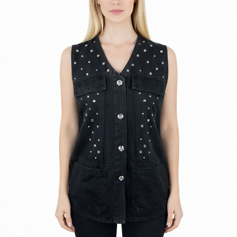 Vintage Saint Germain Black Jean Jacket Vest Rhinestone Embellished 80s Size S